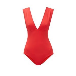 Like-new ODYSSEE Swim Franklin V-neck Red One Piece Plunge Swimsuit